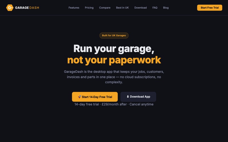 The GarageDash homepage